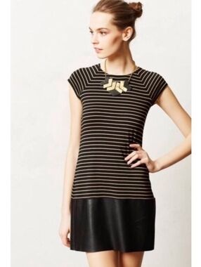 Anthropolgie Bailey 44 Striped Cap Sleeve Dress With Faux Leather Skirt Size M